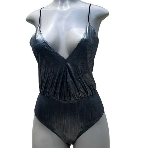 Zara Tops - Zara Silver Metallic Tank Bodysuit  Women's 6 Plunging Neck Open Back Spaghetti